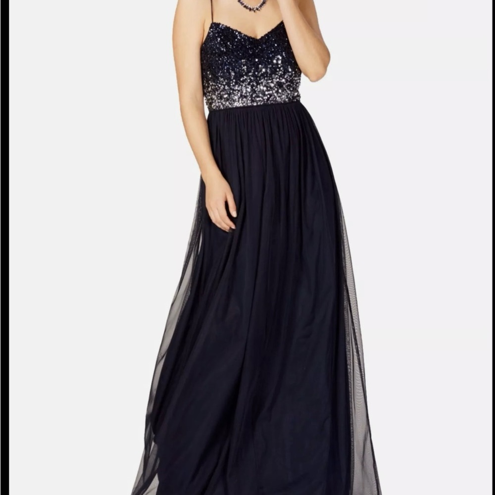 Adrianna Papell Navy Sequin Top Flowy Tulle Full Skirt Maxi Gown/ Dress, Size 4